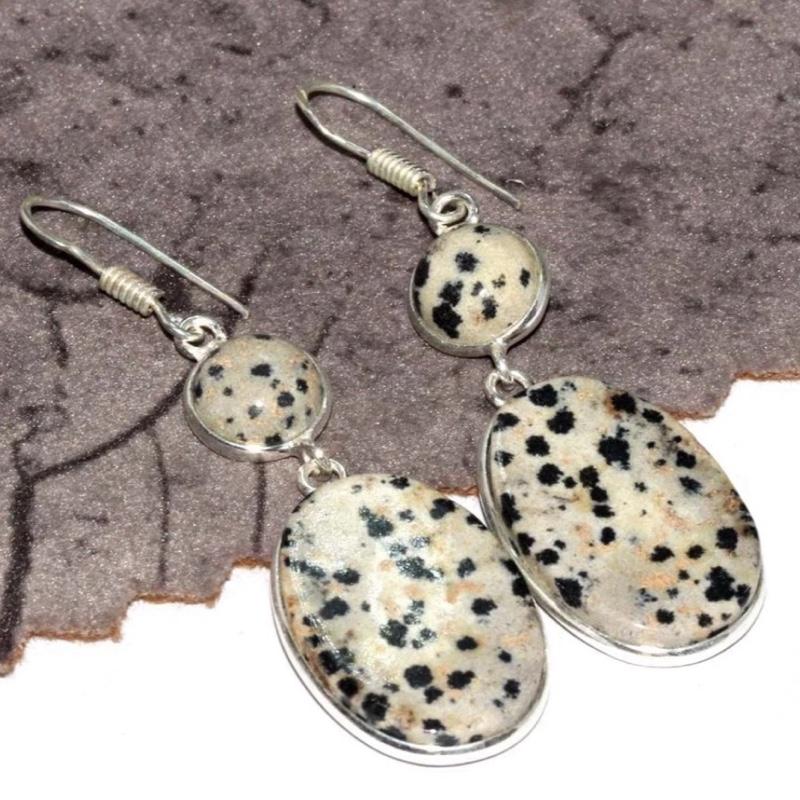 2.2" Dalmatian Jasper .925 Sterling Silver Overlay Earrings