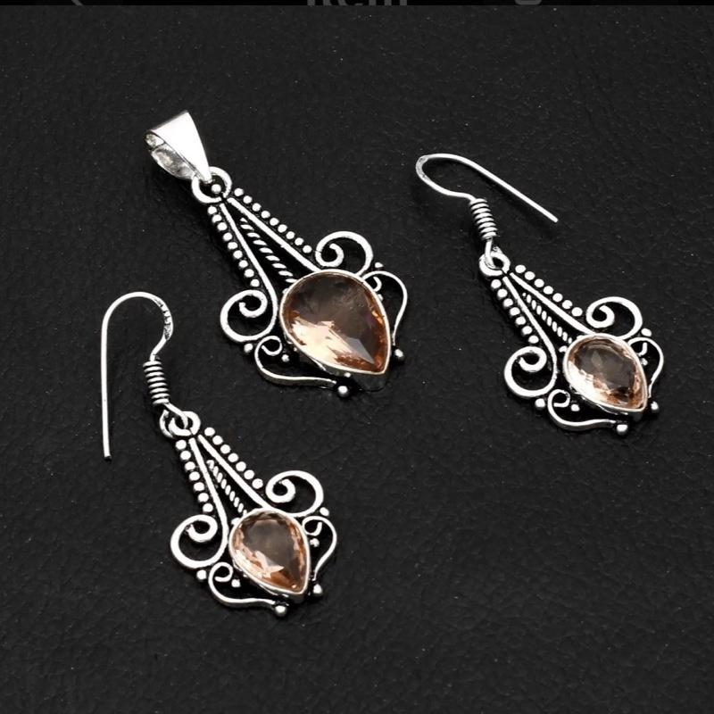 1.68" Morganite.925 Sterling Silver Overlay Pendant & Earring Set
