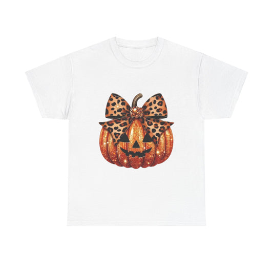 Leopard Bow Pumpkin Tee, Cute Halloween Shirt, Fall Fashion, Unisex Graphic Tee, Autumn Apparel, Pumpkin Lover Gift