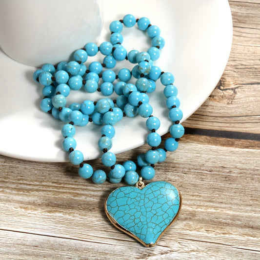8mm Turquoise Natural Stone Bead Long Necklace with Heart Pendant