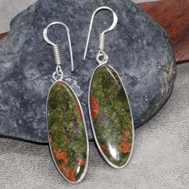 2.2" Unakite .925 Sterling Silver Overlay Earrings