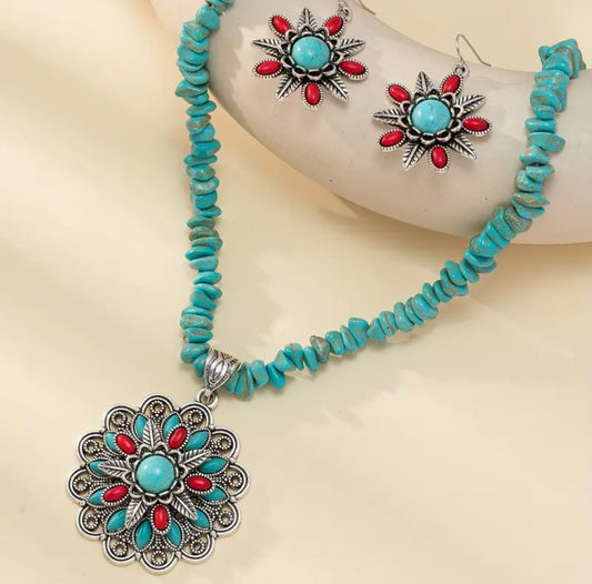 Bohemian Western Flower Stone Turquoise Necklace Earrings