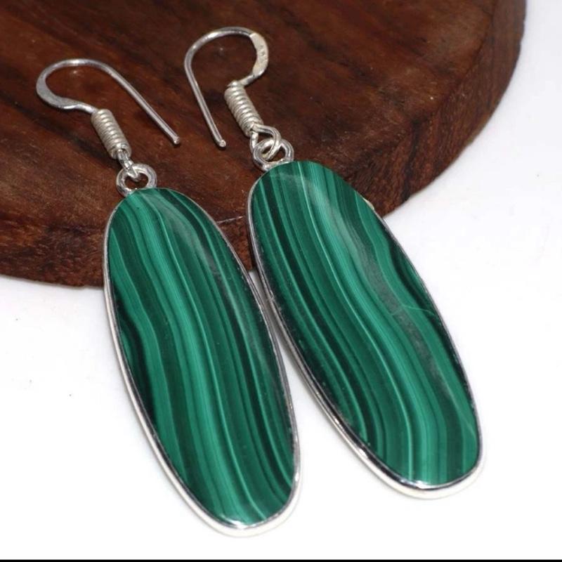 2.4" Malachite .925 Sterling Silver Overlay Earrings