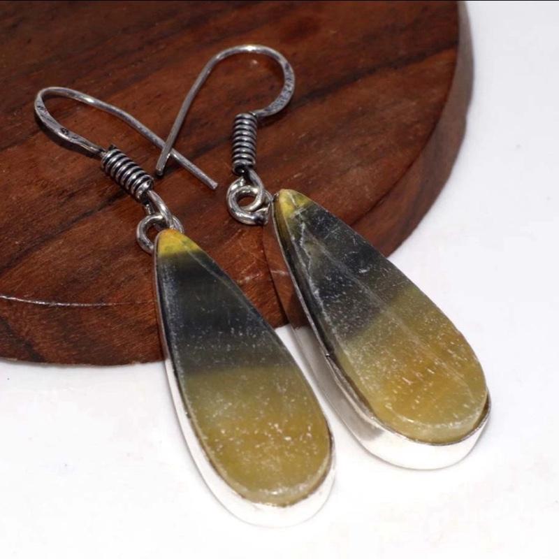 1.8" Bumblebee Jasper .925 Sterling Silver Overlay Earrings