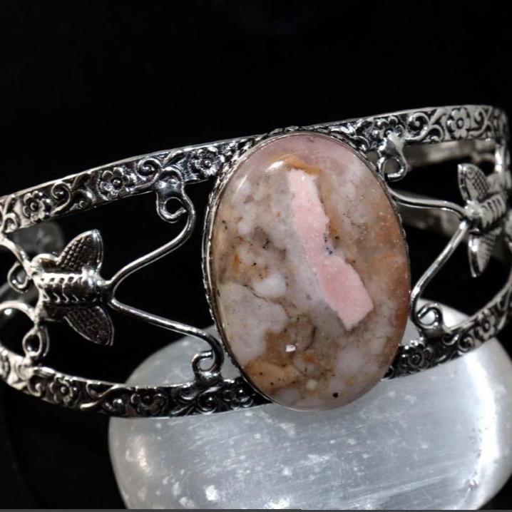 Pink Peruvian Opal Bangle Cuff .925 Sterling Silver Overlay Bracelet
