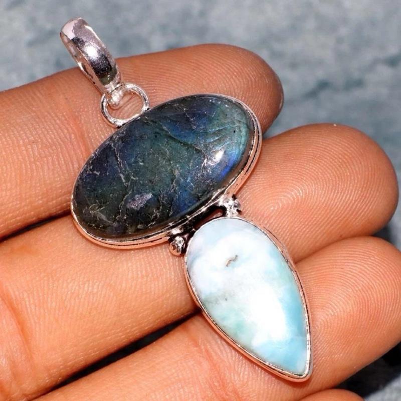 2" Labradorite & Larimar .925 Sterling Silver Overlay Pendant