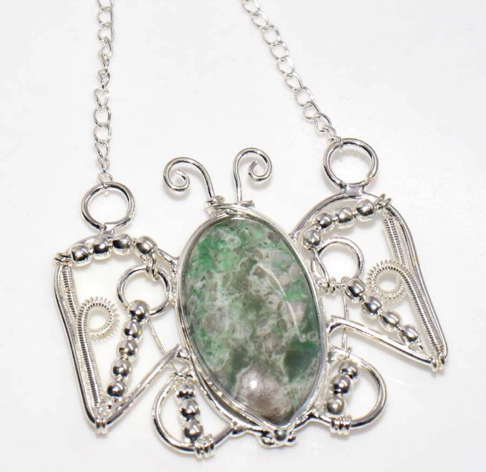 18" Butterfly Variscite Wire-Wrapped .925 Sterling Silver Overlay Necklace