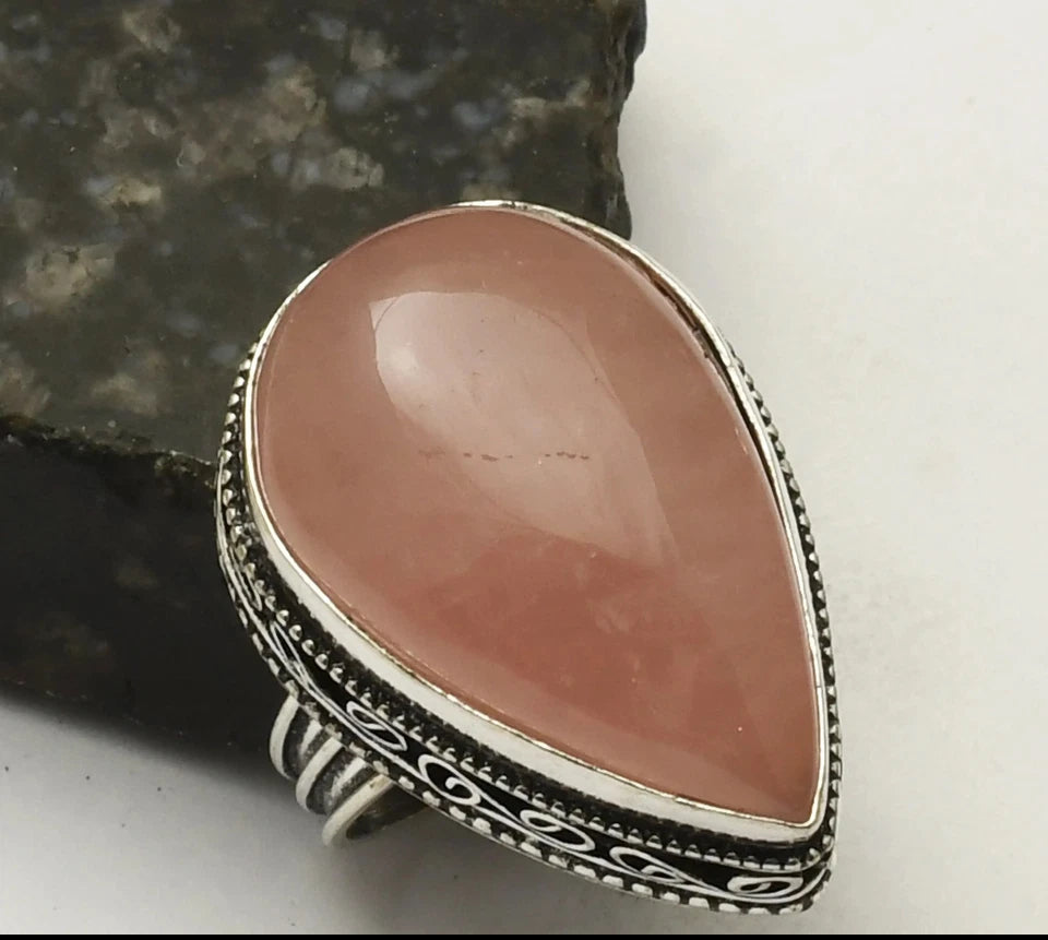 Size 10 Rose Quartz 925 Sterling Silver Overlay Ring