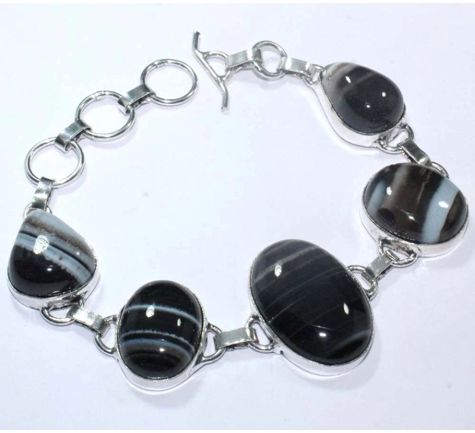 Banded Black Onyx 925 Silver Overlay Handmade Bracelet 8"