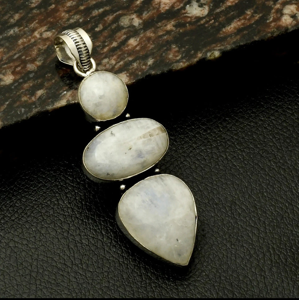 2.8" Rainbow Moonstone .925 Sterling Silver Overlay Pendant