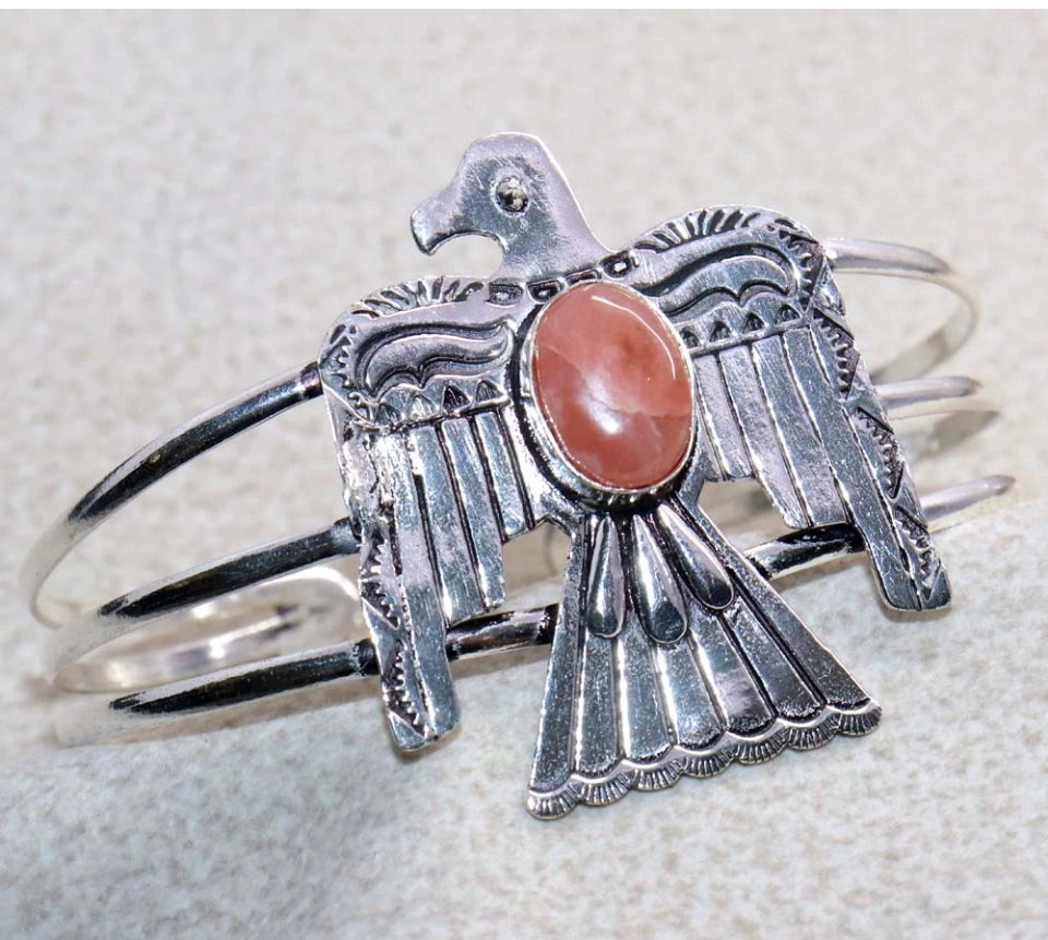 Thunderbird Rhodochrosite Bangle Cuff .925 Sterling Silver Overlay Bracelet