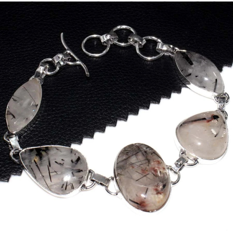 9" Black Rutile .925 Sterling Silver Overlay Bracelet
