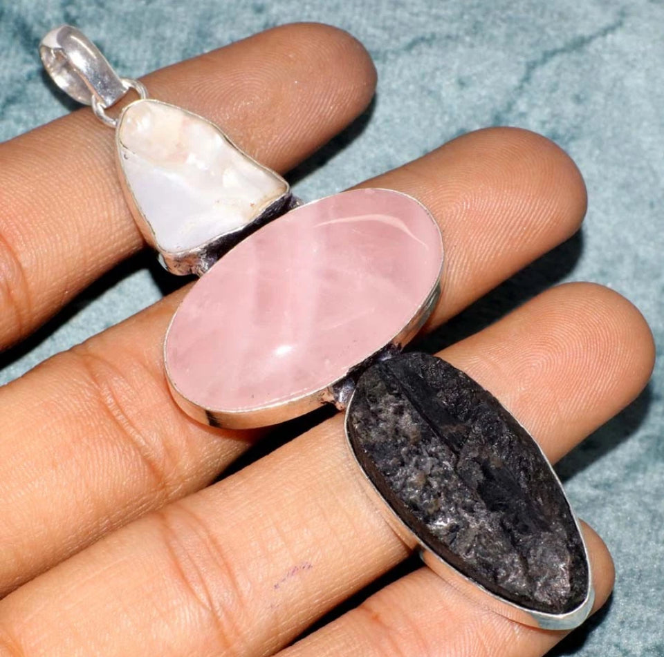 3.4" Rose Quartz Black Tourmaline Natural Stone .925 Sterling Silver Overlay Pendant