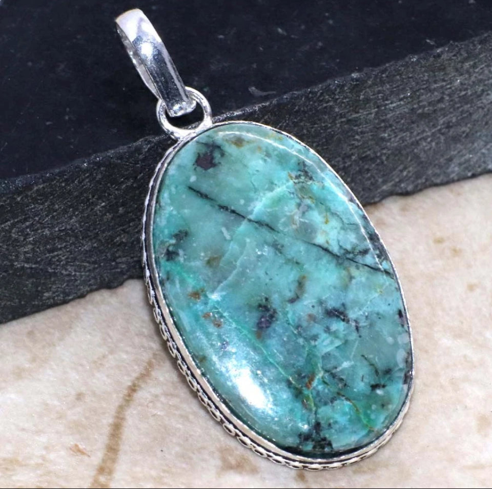 2.1" African Turquoise .925 Sterling Silver Overlay Pendant