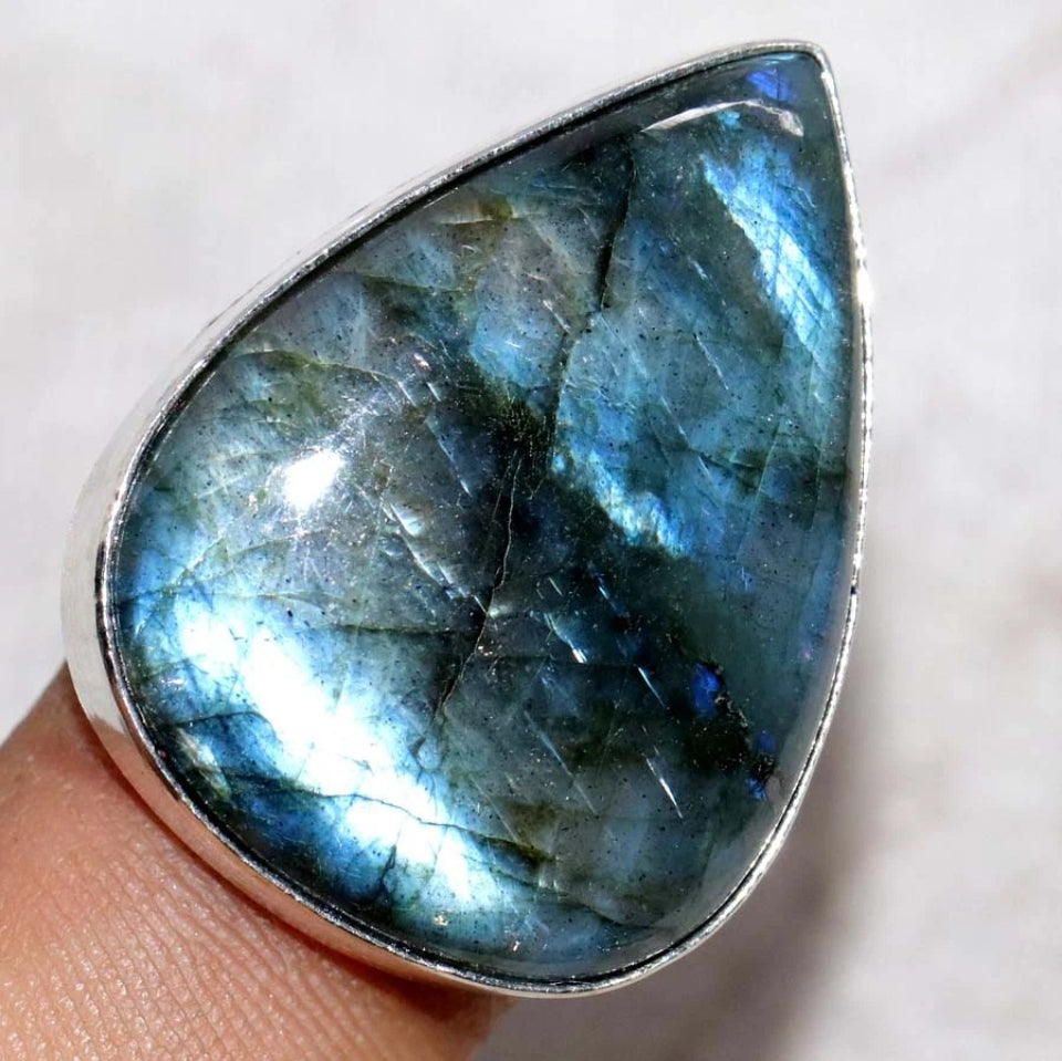 Size 8 Fiery Labradorite 925 Sterling Silver Overlay Ring