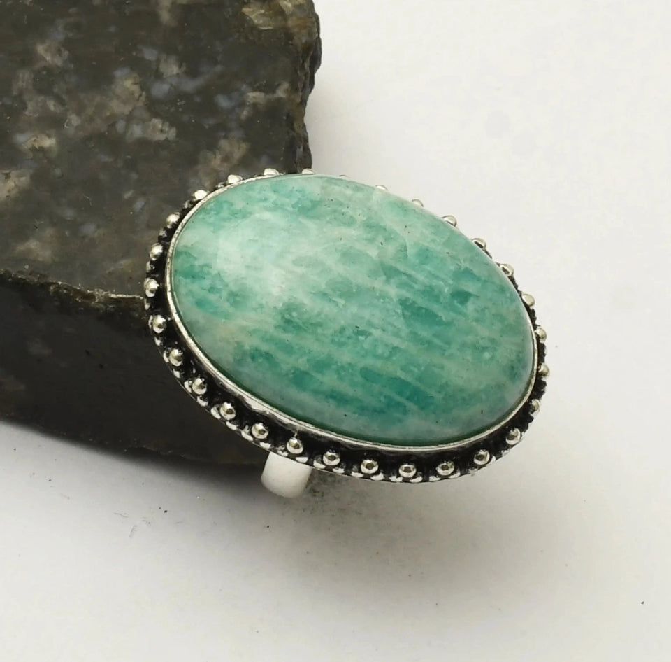 Size 7 Amazonite 925 Sterling Silver Overlay Ring