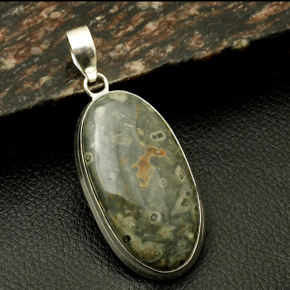 2.4" Ocean Jasper Natural Stone .925 Sterling Silver Overlay Pendant