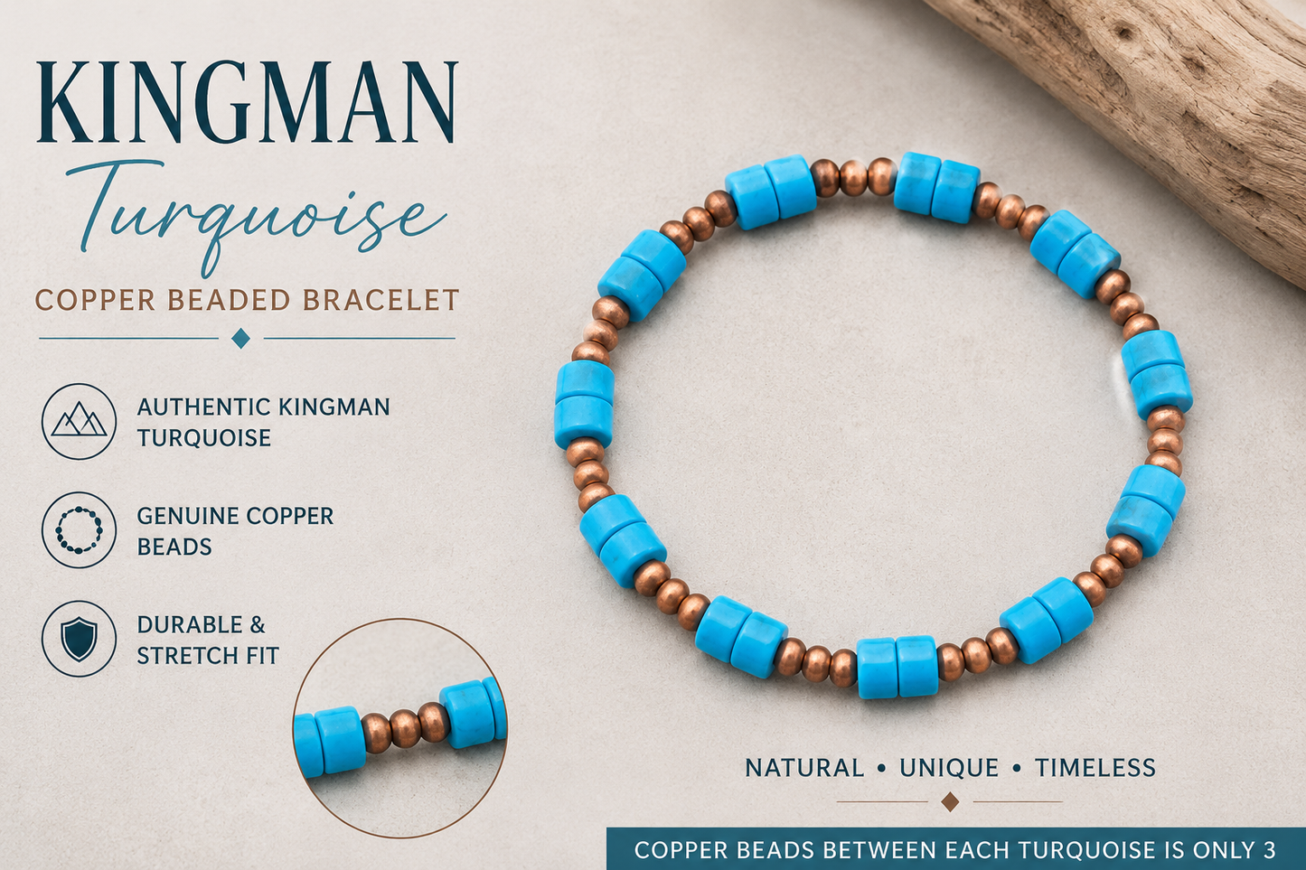 BR-10- Kingman Turquoise Copper Stretchy Bracelet