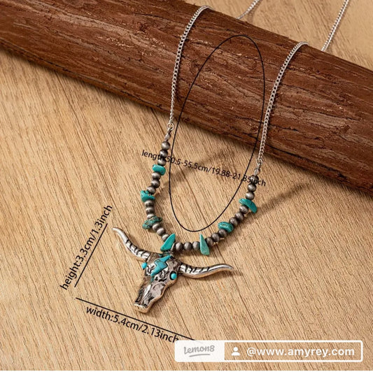 Western Country Blue Turquoise Stone Pendant Southwestern Bill Head Cow Necklace