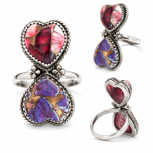 Red Rose Dahlia & Purple Dahlia .925 Sterling Silver Adjustable Heart Ring