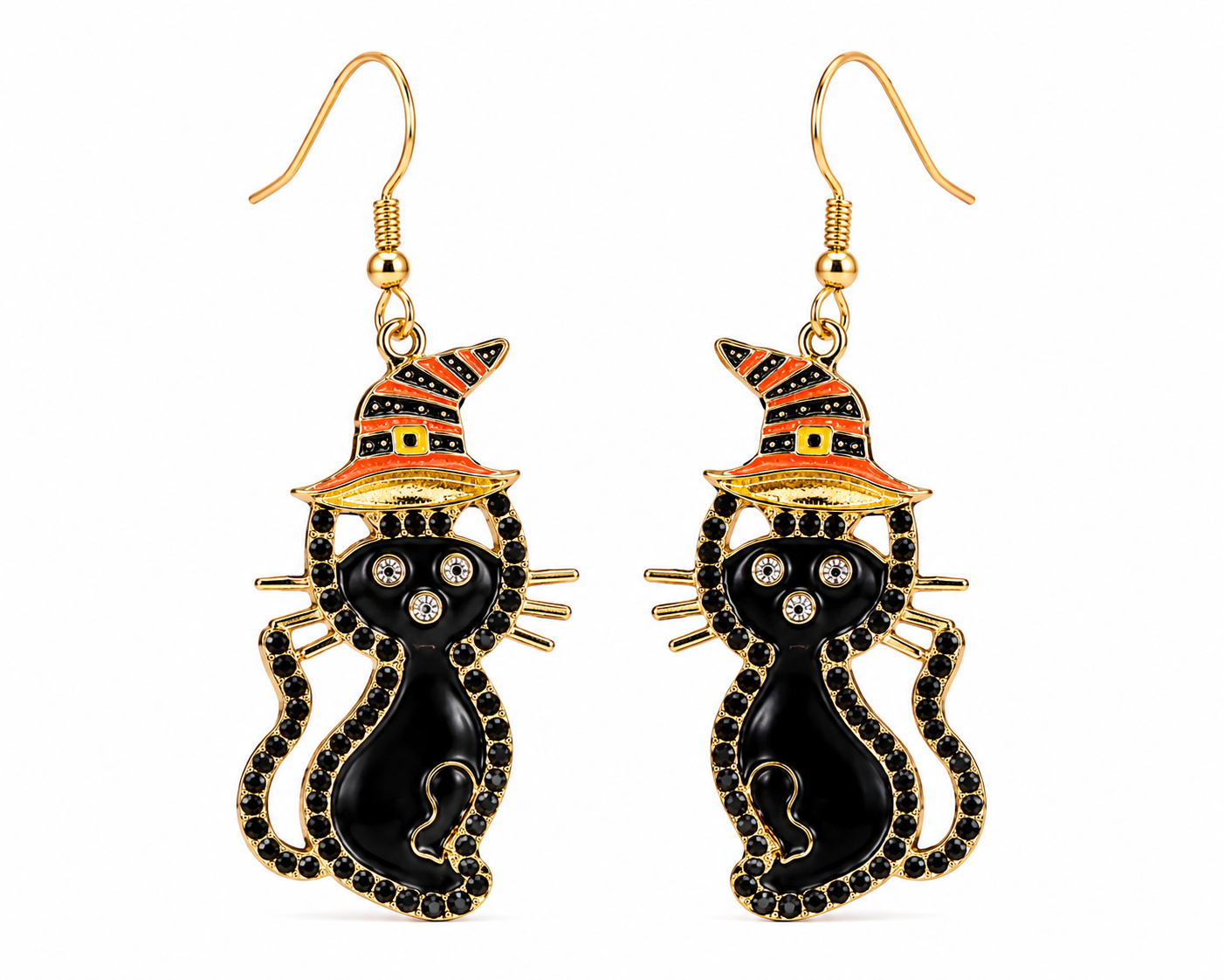 Black Cat Witch Hat Halloween Earrings