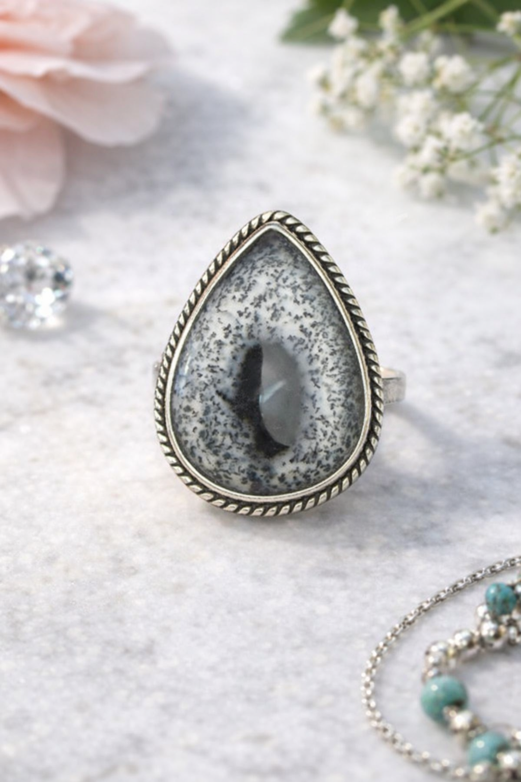 Size 10 Dendritic Opal 925 Solid Sterling Silver Ring