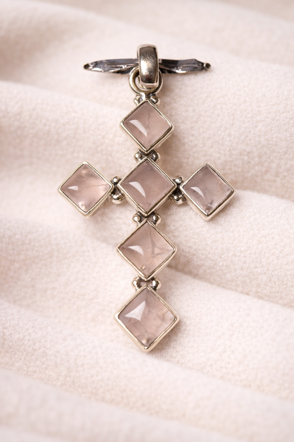 Rose Quartz Cross .925 Solid Sterling Silver Pendant