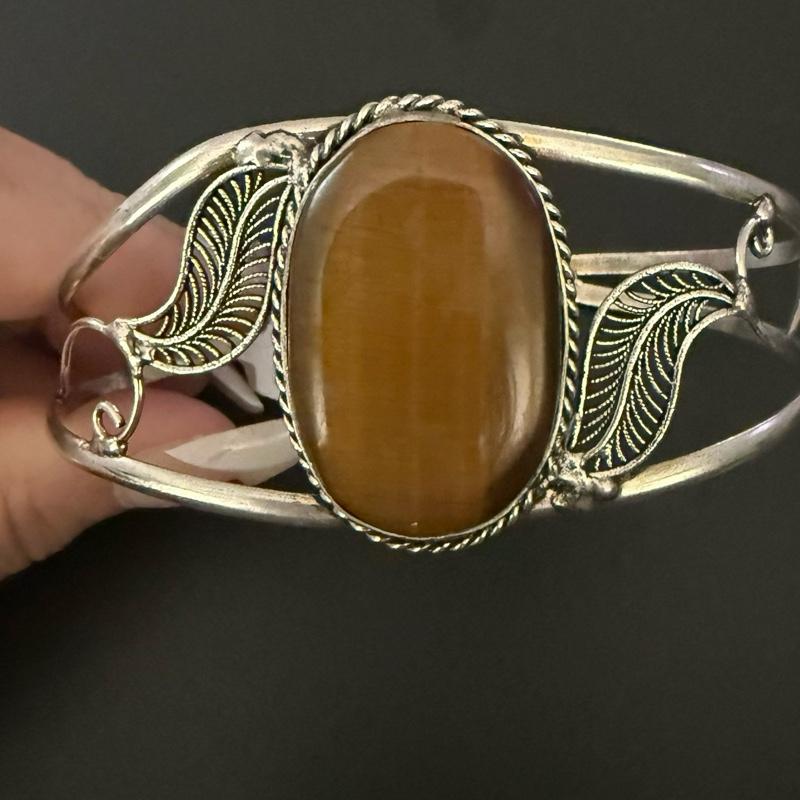 Tigers Eye Bangle Cuff .925 Sterling Silver Overlay Bracelet