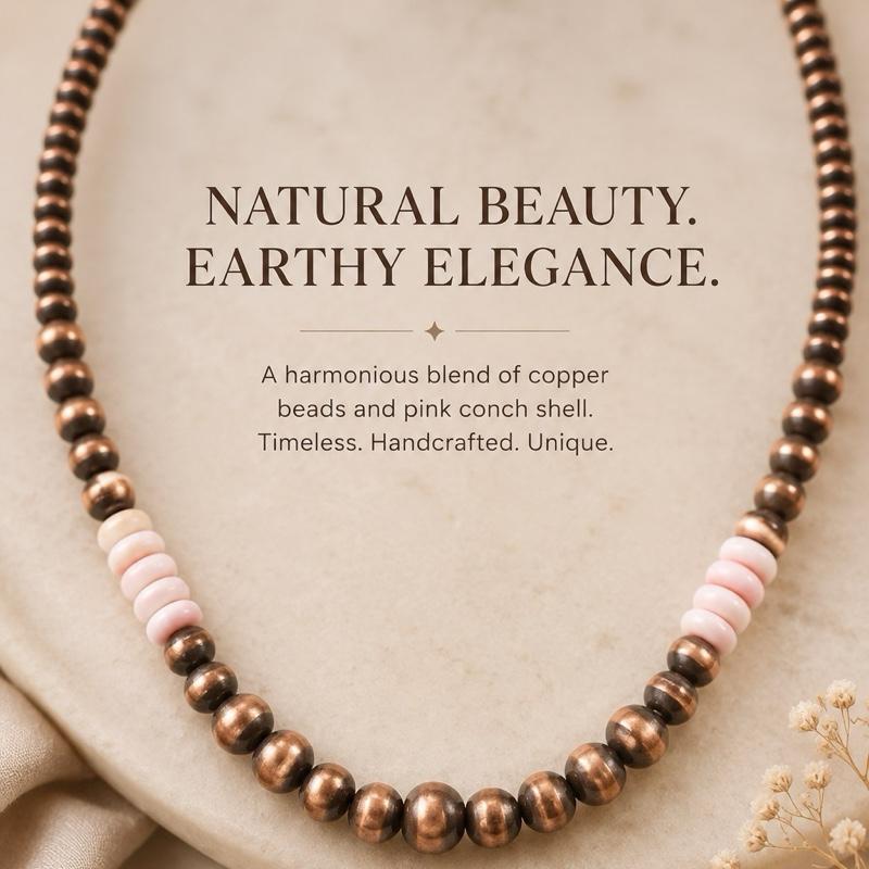 Pink Conch Shell Copper Southwestern Beaded Necklace