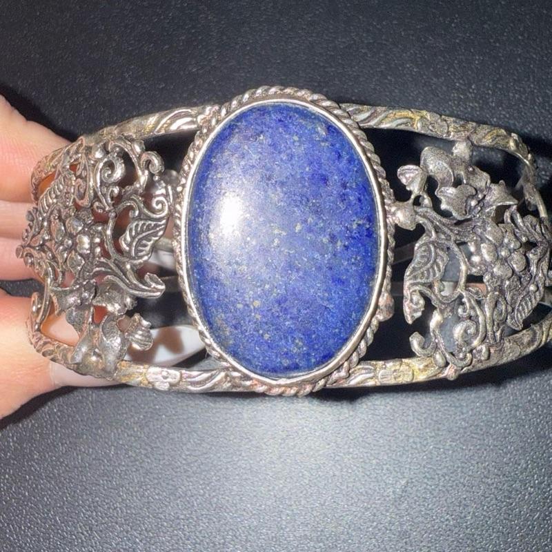Lapis Lazuli Bangle Cuff .925 Sterling Silver Overlay Bracelet