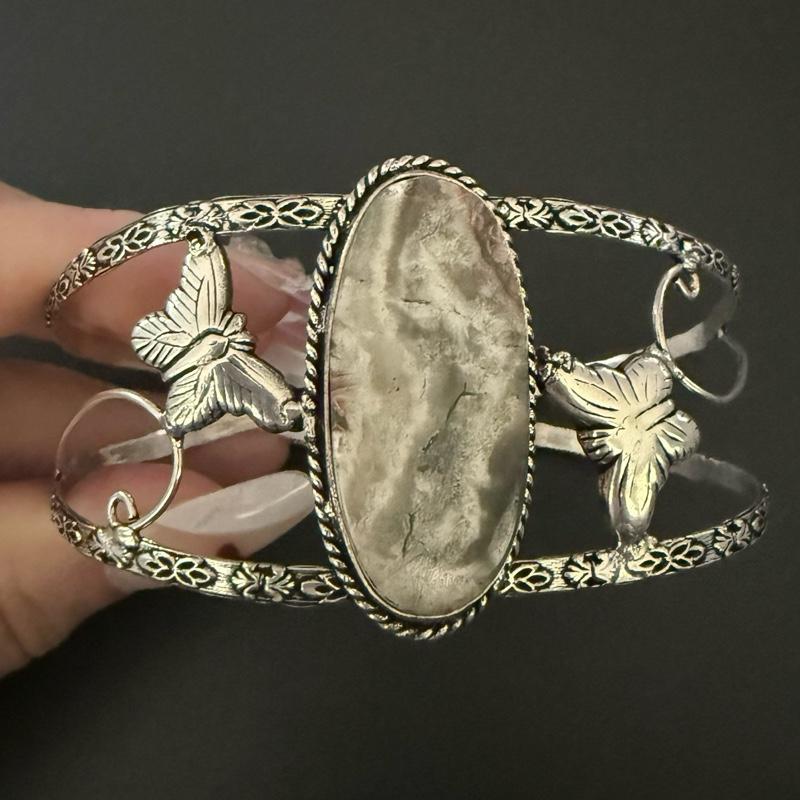 Agate Bangle Cuff .925 Sterling Silver Overlay Bracelet