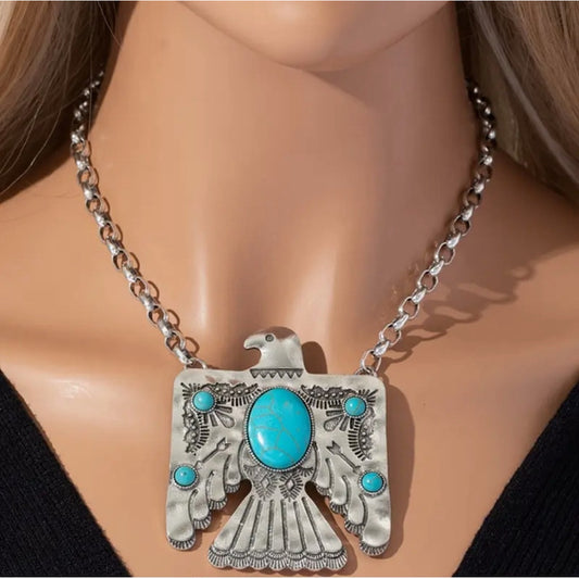 Western Countey Cowgirl Southwestern Eagle-carved Turquoise Silver Necklace