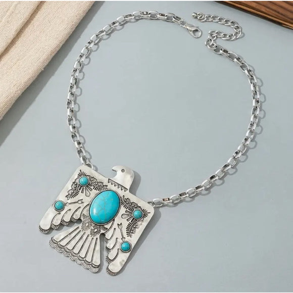 Western Countey Cowgirl Southwestern Eagle-carved Turquoise Silver Necklace