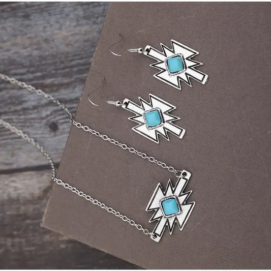Western Country Cowgirl Southwestern Turquoise Silver Necklace Earring Set NWT