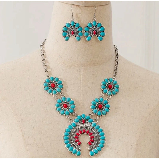 Western Country Cowgirl Southwestern Horseshoe Turquoise Necklace & Earring Set