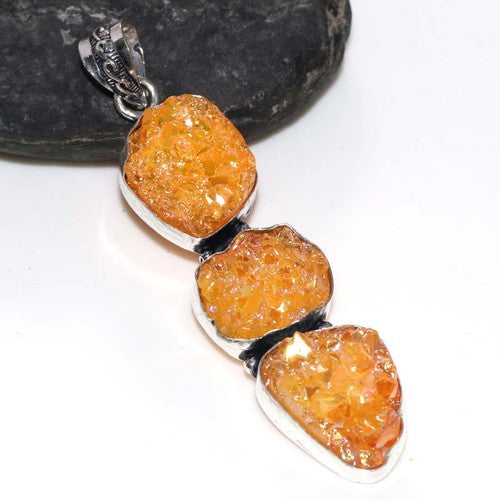 2.8" Long Orange Titanium Druzy 925 Silver Plated Pendant