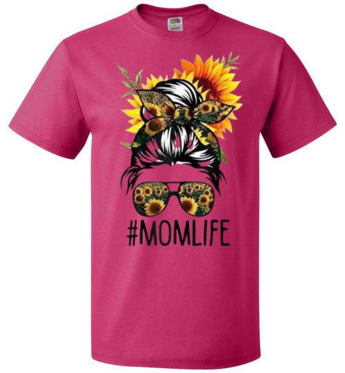 Mom Life Sunflower Fall Messy Hair Bun Graphic Tee Shirt Top