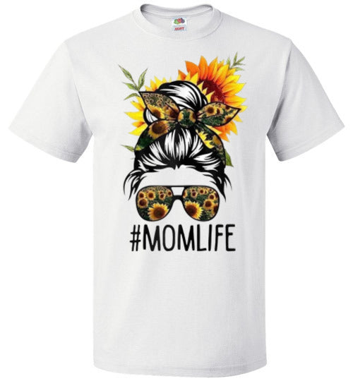Mom Life Sunflower Fall Messy Hair Bun Graphic Tee Shirt Top