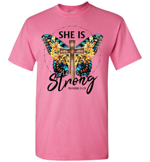 She Is Strong Butterfly Cross Christian Tee Shirt Top T-Shirt