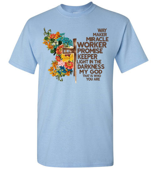 Way Maker Miracle Worker Promise Keeper Christian Cross Tee Shirt Top