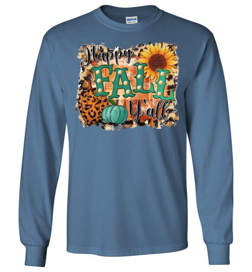 Happy Fall Y'all Long Sleeve Graphic Print Tee Shirt Top