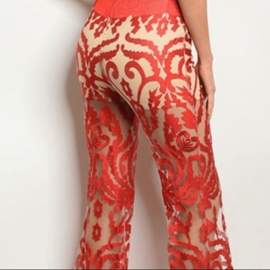 Ladies Red Nude Deep V-Neck Glam Jumpsuit