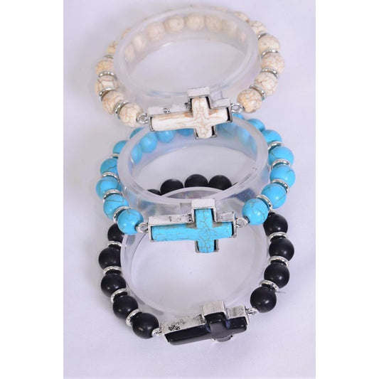 Sideway Cross 10 mm Semiprecious Stone Stretch Bracelet 27126