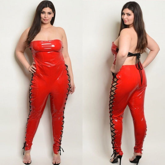 Plus Size Latex Lace Up Corset Jumpsuit 1X 2X 3X