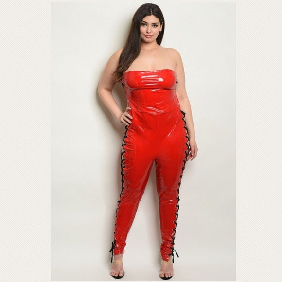 Plus Size Latex Lace Up Corset Jumpsuit 1X 2X 3X