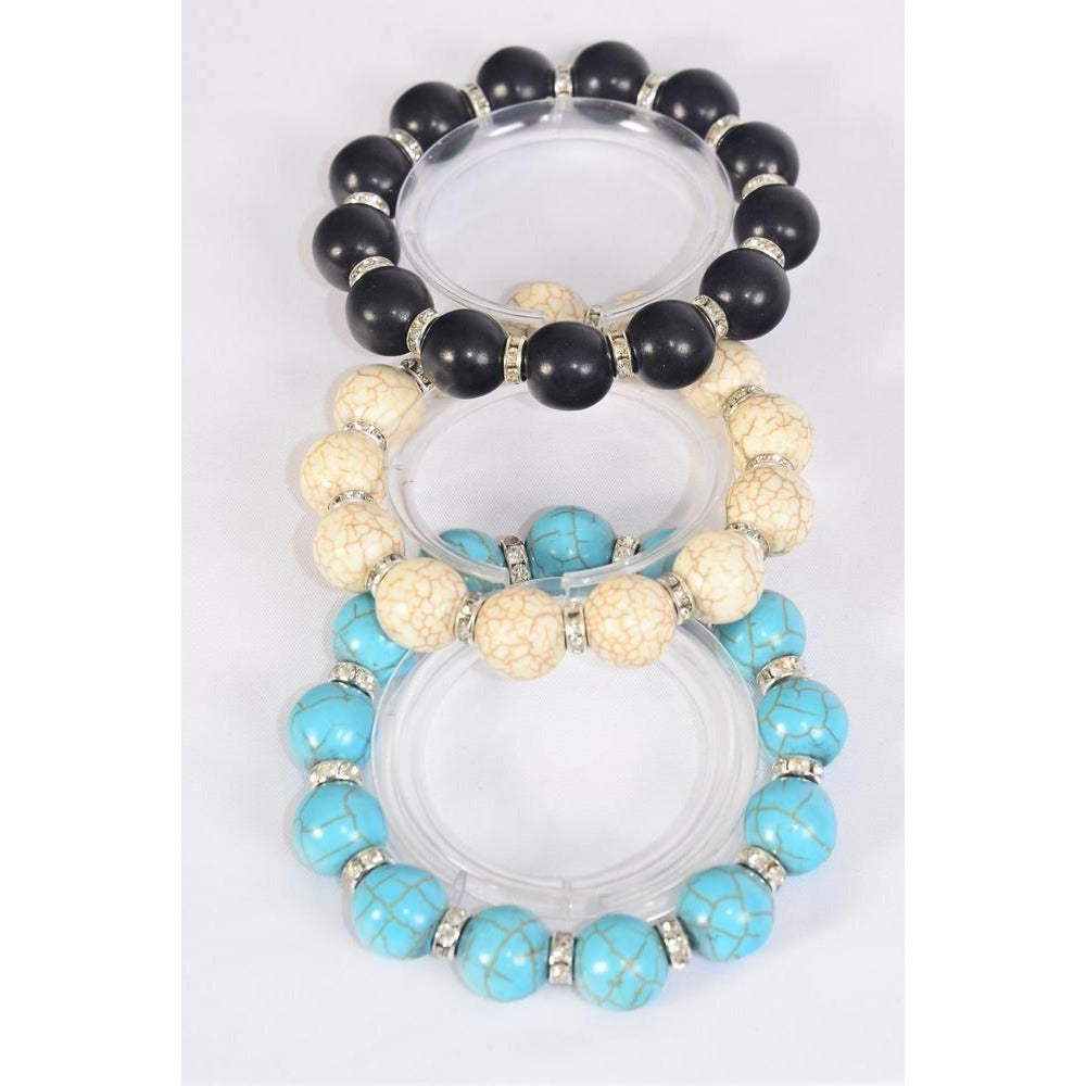 Semiprecious Stone & Rhinestone Bezel Stretch Bracelet 917