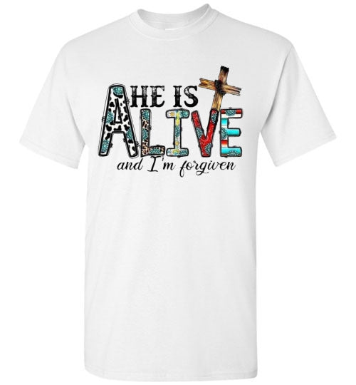 He Is Alive and I am Forgiven Christian Spiritual Graphic Tee Shirt Top