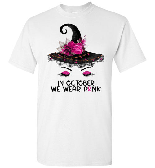 In October We Wear Pink Breast Cancer Awareness Witch Halloween Tee Shirt Top T-Shirt