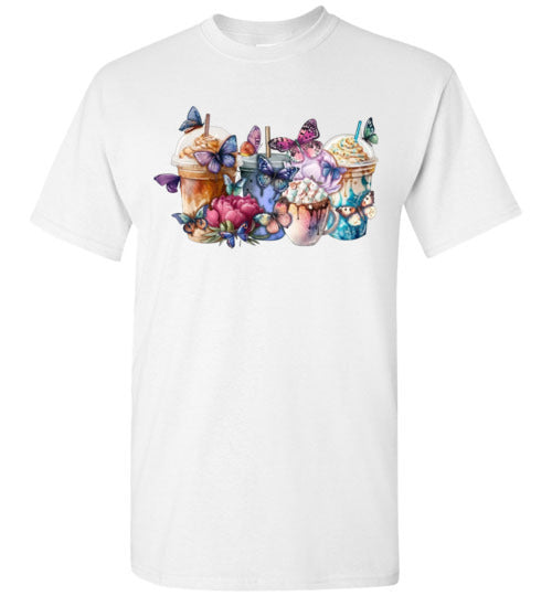 Whimsical Butterfly and Coffee Cups Graphic Tee Shirt Top T-Shirt