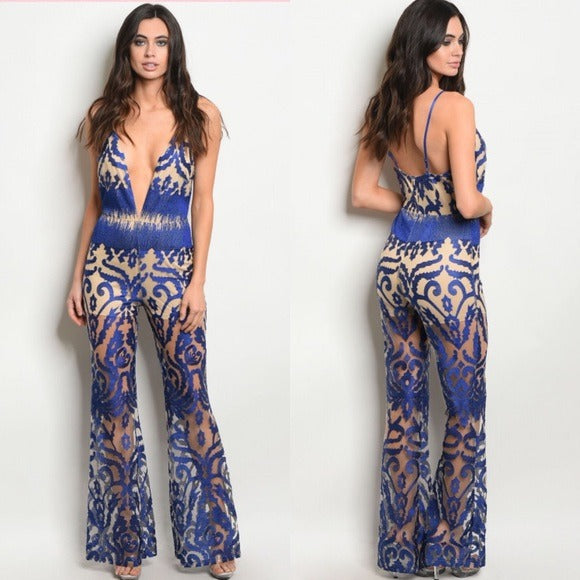 Royal Blue Nude Glam Deep V Neck Plunge Jumpsuit